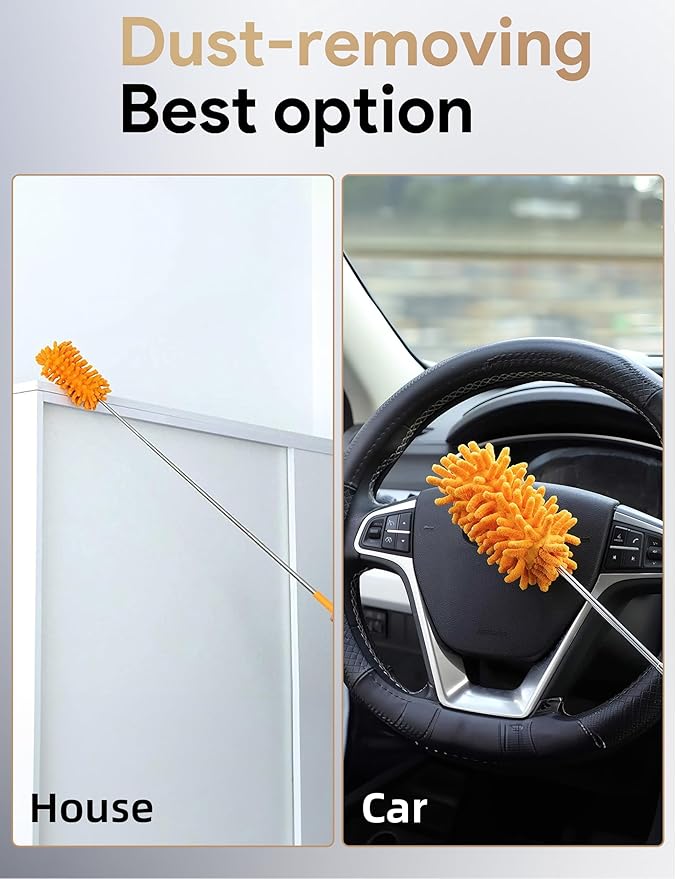 Duster for Cleaning, 10-29" Extension Pole, 2 Washable Heads, Yellow | Microfiber Heads, Wet Or Dry, Detachable, Hand Washable, Easy Storage, For Cars, Offices, Windows, Furniture And Ceiling Fans