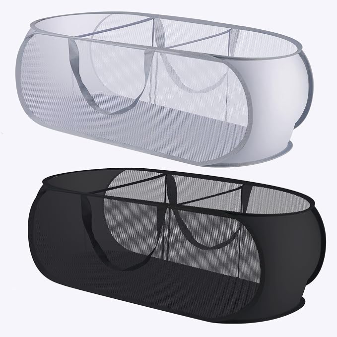 2 Pack Mesh Foldable Laundry Basket Up Laundry Hamper (Black + Grey) | 3 Compartments Up Mesh Hamper with Handles, Mesh Laundry Hamper for Laundry Room, Bathroom, Room, College Dorm or Travel
