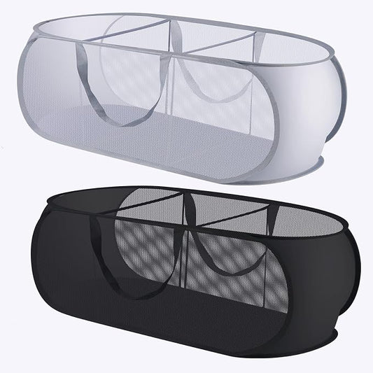 2 Pack Mesh Foldable Laundry Basket Up Laundry Hamper (Black + Grey) | 3 Compartments Up Mesh Hamper with Handles, Mesh Laundry Hamper for Laundry Room, Bathroom, Room, College Dorm or Travel