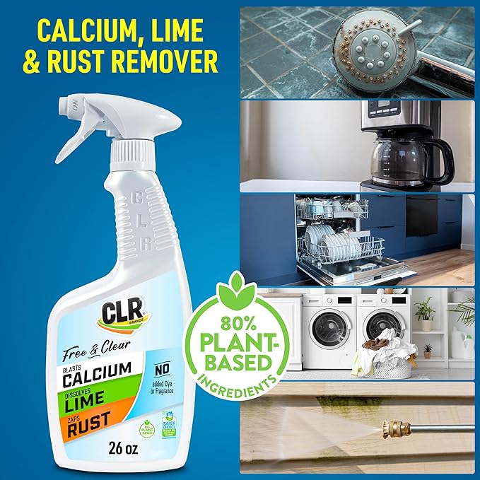 CLR Brands Lime & Rust Remover Free & Clear, 26 oz. Bottle | No Added Dyes or Fragrances, Gentle Lime and Bathroom Descaler, Removes Hard Water Stains and Rust Deposits