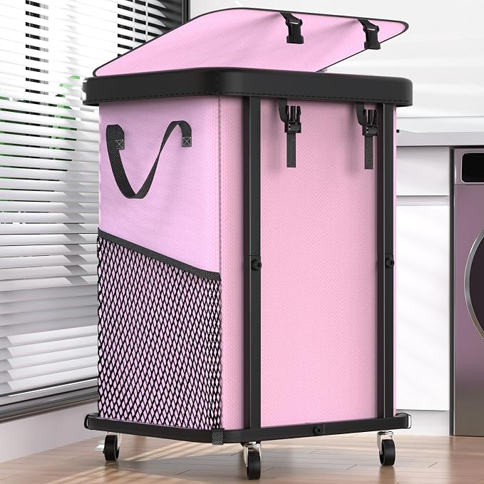 Laundry Basket with Wheels,150L (40 Gal) Rolling Hamper Carts - Pink | Leather Patchwork Laundry Hamper,Sturdy Metal Frame, Removable Washable Bag, Tall Clothes Sorter for Bedroom, Laundry Room