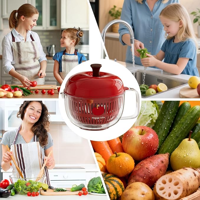 Salad Spinner, Hand Cranked Fruit Washing Spinner with Handle, Multifunctional Fruit and Vegetable Washing Bowl with Drain Basket, Reusable Salad Dehydrator Drainer for Home Kitchen