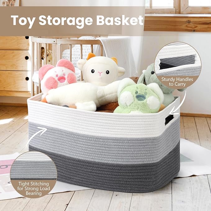 Optish 95L Large Blanket Basket, Woven Storage Baskets with Reinforced Handles, Rope Laundry Basket for Living Room, Bedroom, Nursery, Toys, Clothes, Pillows, 24” x 17” x 13.5”, White & Grey