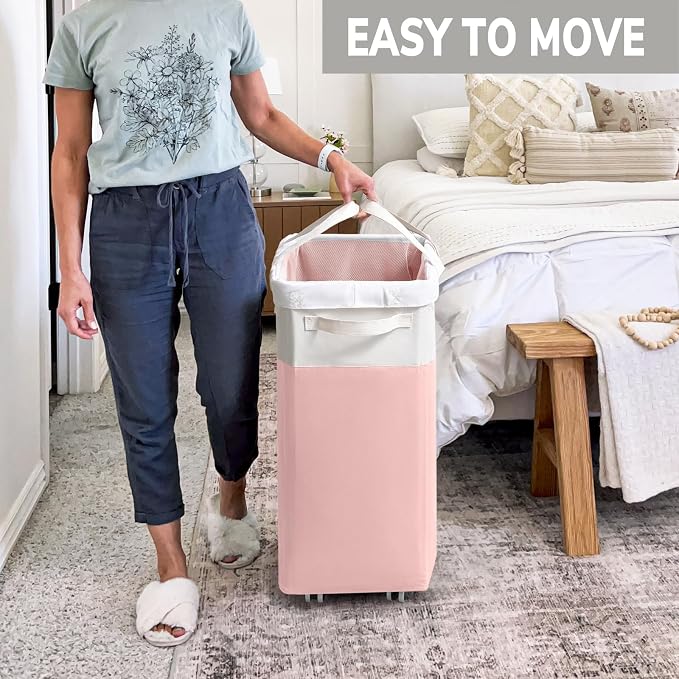 Goodpick Laundry Basket with Wheels, 75L Tall Clothes Hamper, Large Laundry Basket with Removable Wash Bag for Corner Dorm, Rolling Hamper, Pink&White | Laundry Hamper with Wheels, Collapsible Laundry Basket, Rolling Laundry Hamper with Handle for Coll...