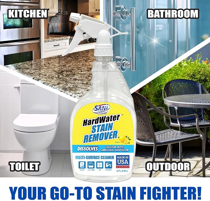 SANI 360° Hard Water Stain Cleaner & Surface Sealant, 32 oz, Lemon Scent | 60-second cleaner and sealant reduces calcium, limescale, rust and soap scum on multiple surfaces; lemon scent, made in USA.