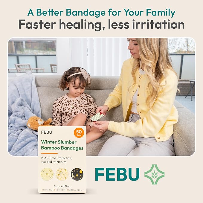 FEBU Sloth Fabric Bandages | PFAS Free Flexible Fabric Bandages | Natural Hypoallergenic Bandage for Scrapes, Cuts & First Aid | Compostable, Latex Free Bandage | 50 Count Strip