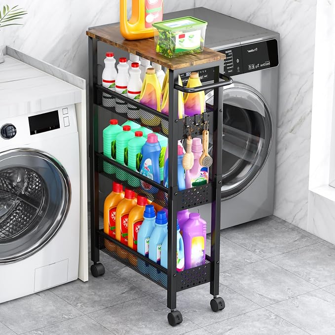 Vivihomety 4-Tier Slim Utility Rolling Laundry Cart with Wheels, Metal | Narrow 7.1" wide, Lockable wheels, wood top panel, metal frame, with handle, for laundry, bathroom, kitchen, black