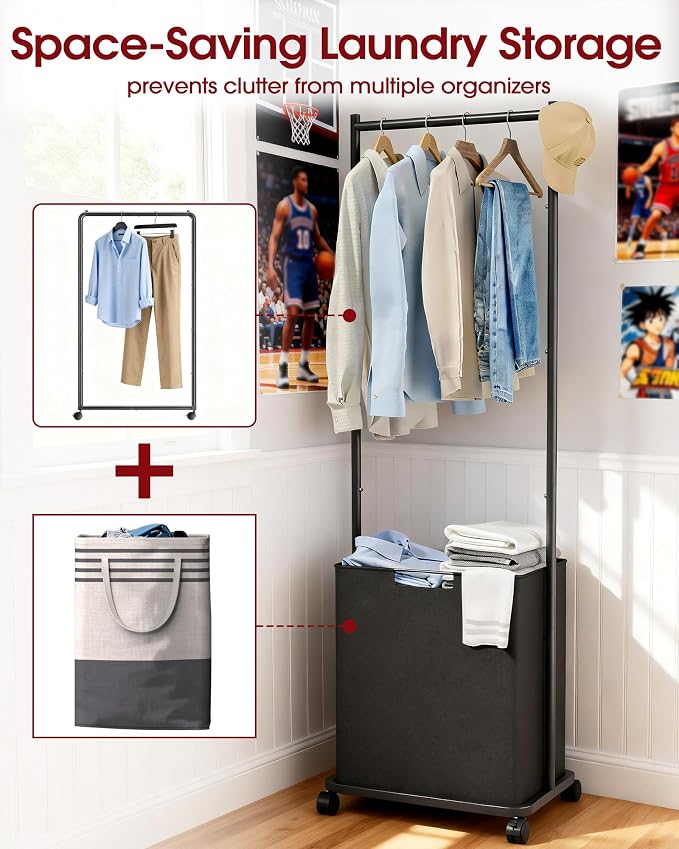 Clothes Rack - Space-Saving Clothing Rack for Hanging Clothes with Removable Laundry Basket, Reinforced Metal Garment Hanger with Wheels, Laundry Cart for Laundry, bathroom, 16.6"x12.6"x68.9", Black