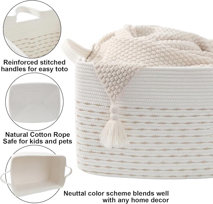 96L Woven Laundry Basket with Handles, Extra Blanket Basket,Yellow | 24"×16"×15" Collapsible Cotton Rope Storage Basket for Toys Clothes & Pillows, Nursery, Bathroom, Bedroom, Living Room