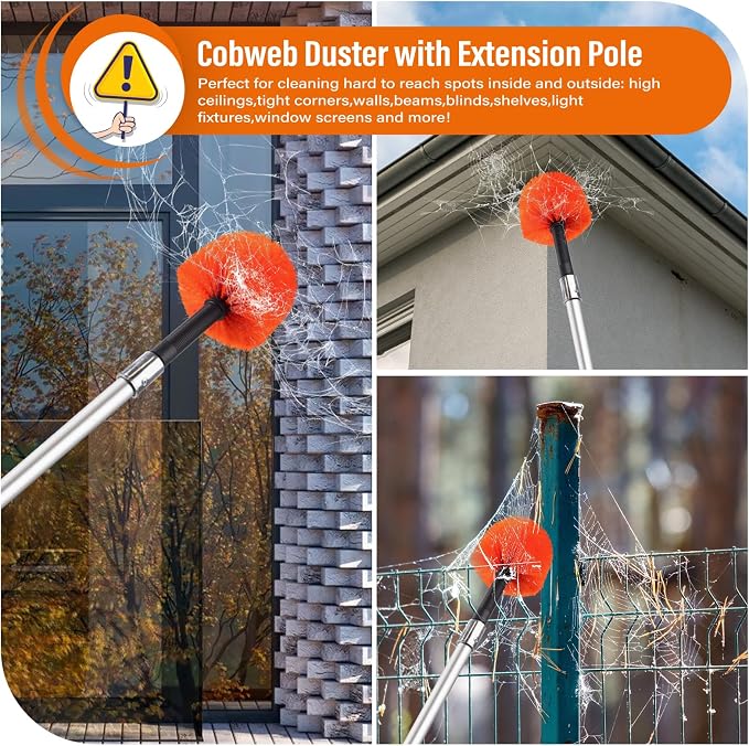26 FT Cobweb Duster with Extension Pole,Spider Web Brush | Spiderweb Cleaner with Pole Extend 5-20FT,4-Stage Telescopic Aluminum Pole,Spider Brush Cobweb for Outdoor & Indoor