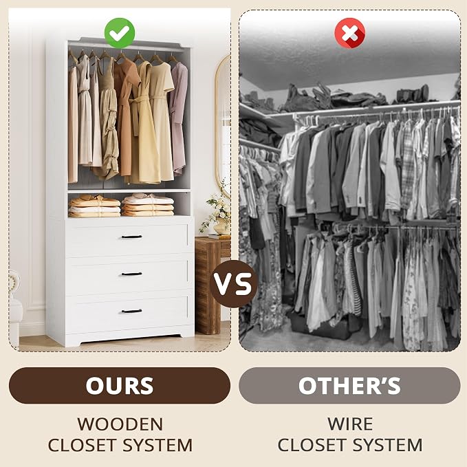 IRONCK Freestanding Closet System with 3 Wood Drawers, Modern Armoire Wardrobe with Adjustable Shelves & Hanging Rod, Walk-in Closet Systems Organizer for Small Closet, 31.5" White