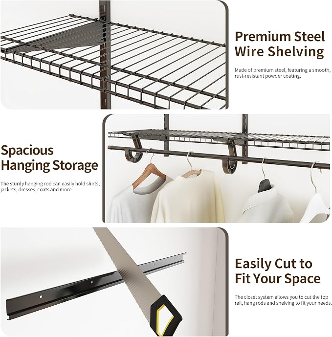 PROWORX 4-6 Ft. Expandable Closet Organizer System, Gray Custom Metal Wire Closet Shelving, Organizers and Storage Shelves Wall Mounted with Hanging Rods