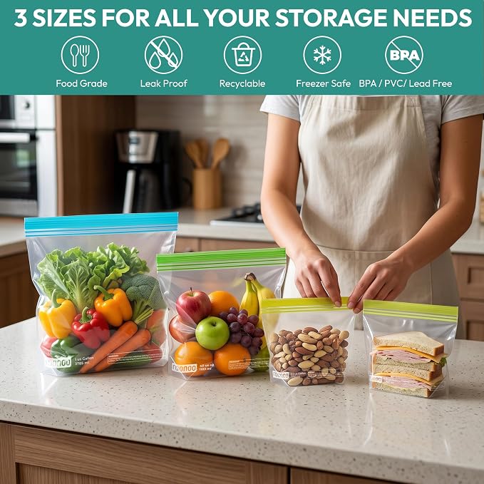 24 Pack Reusable Food Storage Bags Stand Up, Dishwasher Safe BPA Free Gallon Freezer Bags, Extra Thick Leakproof Ziplock Sandwich Snack Bags for Meal Prep Travel（8 Gallon,8 Half Gallon, 8 Sandwich)