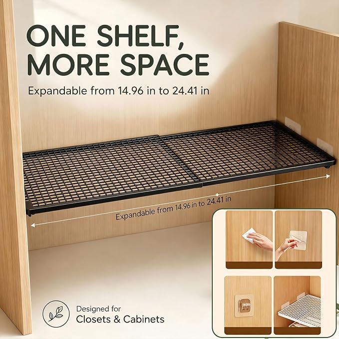 2 in 1 Expandable Floating Metal Cabinet Shelf, Black, 1pc | Adjustable, Anti-Rust Heavy Duty, 2 In 1, 15-24.4 Inch, Stand or Float, For Kitchen Pantry, Closet, Wardrobe