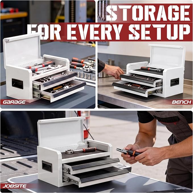Mini Toolbox with 2 Drawers and Top Storage, Durable Steel Construction with Ball-Bearing Slides, Multi-Purpose Portable Tool Boxes Case Organizer for Garage, White