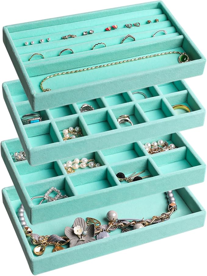 Frebeauty Jewelry Trays for Drawer,Set of 4 Jewelry Organizer and Storage | Velvet Material,Earring Holder Organizer,Stackable Jewelry Display for Vanity,Drawer Inserts for Rings,Studs,8.3×4.9 inch