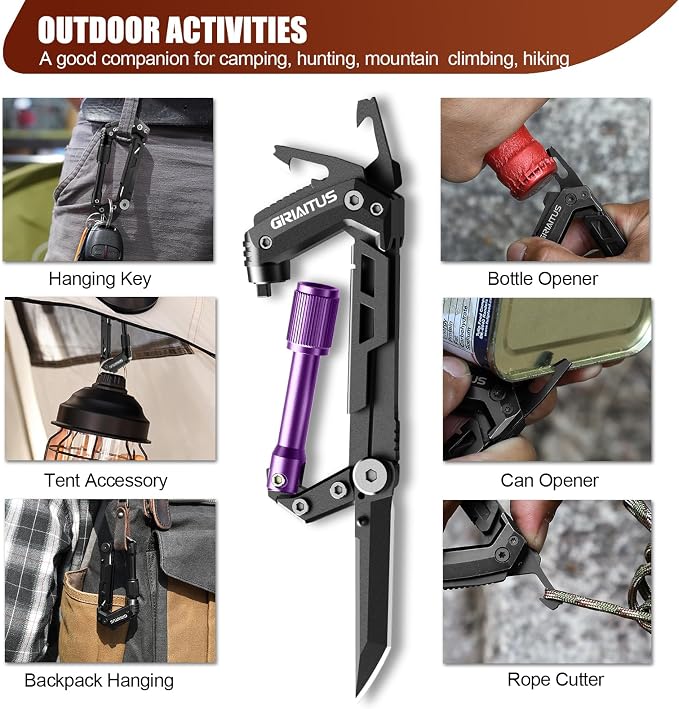 Carabiner Multitool with Pocket Knives, EDC Carabiners Gift for Camping Men | Serrated Knife, Rope Cutter, Screwdriver, Can Bottle Opener, Ruler, Folding Knife for Hiking, (Purple)