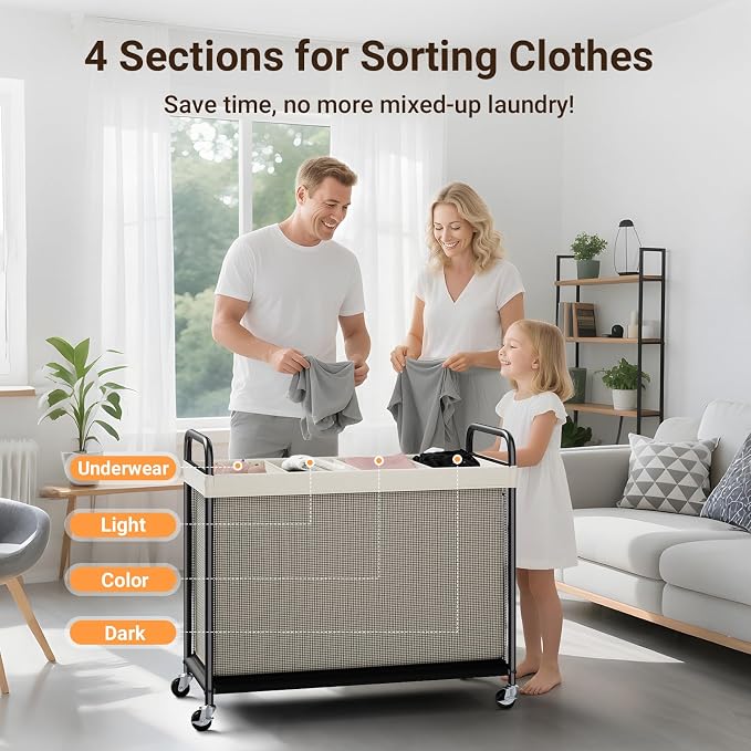 ELYKEN Laundry Hamper 4 Section, 140L Rolling Laundry Sorter with Wheels | Removable Washable Liner Bags, Sturdy Steel Frame and Metal Handle, 4 Divided Clothes Hamper Cart for Laundry Room & Bedroom