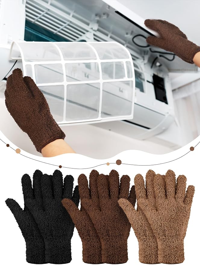 Patelai 3 Pairs Microfiber Plant Dusting Gloves Leaf Cleaning Gloves for Indoor Plants, Blinds, Furniture, House (Black,Brown,Dark Brown,Large)