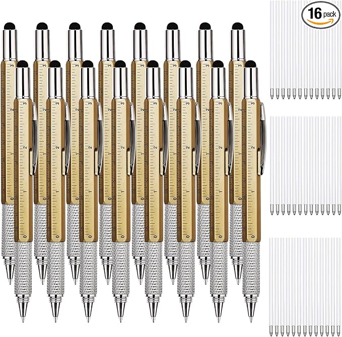 Zhanmai 16 Pcs Multi Tool Pens for Men, 6 in 1 Multitool Ballpoint Pen with Screwdriver Ruler Level Stylus Refills, Bulk Gifts for Employees Office Gadget Supplies Birthday Christmas Stocking Stuffers