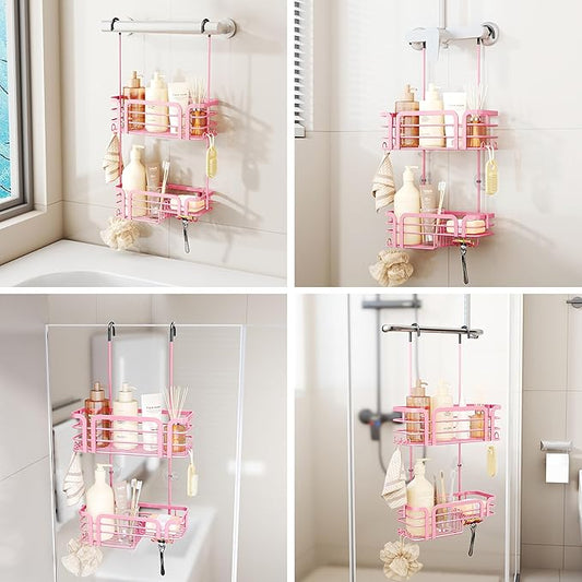 SWTYMIKI Shower Caddy Hanging Organizer - Over the Door Shower Caddy with Soap Holder, 11 Hooks, 2 Installation Ways, Stainless Steel Rustproof Bathroom Organizer, Pink