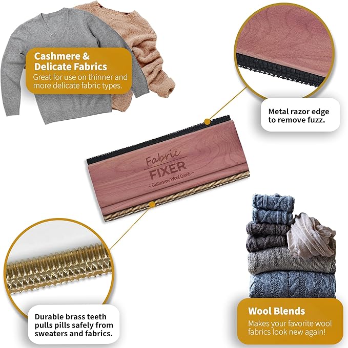 Cashmere and Multi-Fabric Sweater Comb Combo (Cedar Wood Handle Double Edge Design) Manual Fabric Defuzzer Wool Lint Shaver Comb Scraper for Clothing Pills, Furniture, Sheets and Fabrics