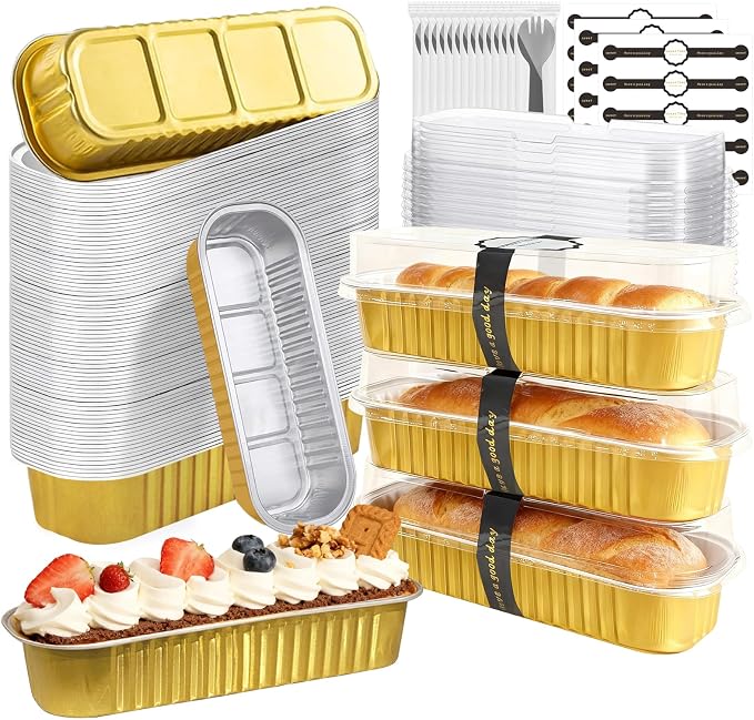 Mini Cake Pans with Lids and Spoons 200 Pack, Mini Loaf Pans with lids 6.8oz, Small Disposable Aluminum Foil Loaf Pans, Rectangular Baking Container for Party, Picnics and Housewarming (Gold)