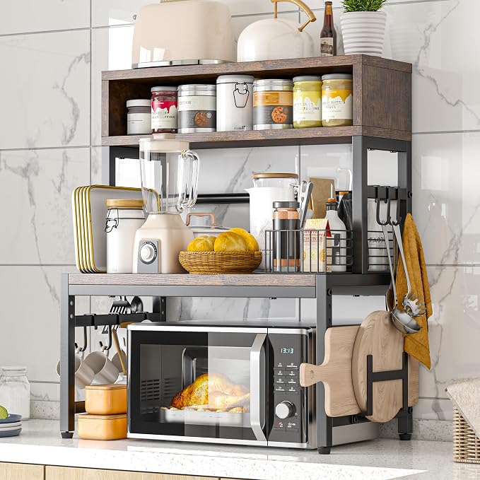 EnHomee 4-Tier Microwave Stand for Kitchen Storage, Brown | 205 lb Capacity, Adjustable Kitchen Shelves with 9 Hooks & Cutting Board Rack