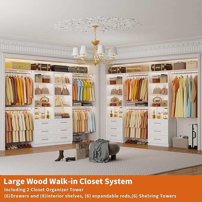 Closet System with 6 Drawers, 6-13FT Closet Organizer System Wood with 8 Shelves & 6 Expandable Hanging Rods, Closet Systems Kit for Walk in Closets, Modular Closet Organizer Systems, 2 Sets,White