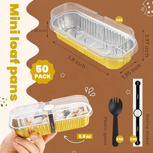 NPLUX 50 Pack Mini Cake Pans with Lids and Spoons Gold Rectangular Aluminum Foil Baking Pans Mini Cheesecake Containers, Graduation Gifts Party Favors(6.8oz)