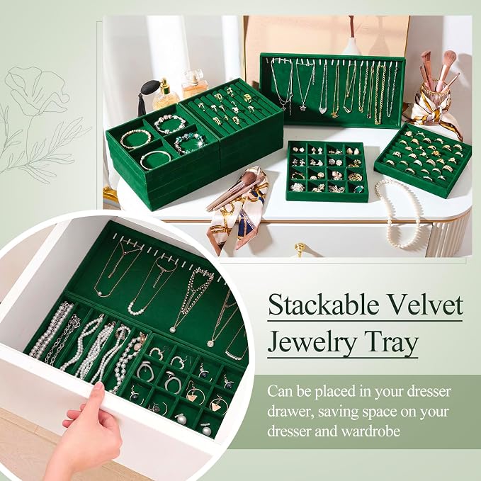 Cinnvoice Set of 10 Stackable Jewelry Organizer Trays for Drawer 14 Inch Velvet Jewelry Drawer Insert Display Storage with Removable Divider for Necklace Earring Ring Watch Bracelet (Dark Green)