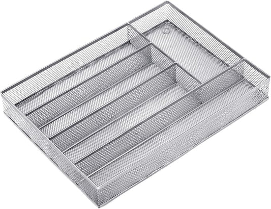 Neudeco Silverware Drawer Organizer Holder, Cutlery Tray Silverware Flatware Storage Divider for Kitchen, Bedroom, Living Room,Mesh Wire with Non-slip foam Feet, 5 Compoment（ Silver）