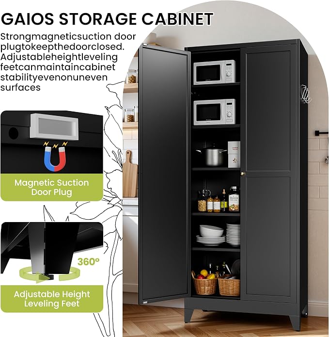 AQY 75" Pantry Cabinet, Black Freestanding Storage Cabinet with 5 Adjustable Shelves, Metal Pantry Cupboard with Ventilation Design & Hanging Hooks, 2-Door Kitchen Organizer for Living Room Kitchen