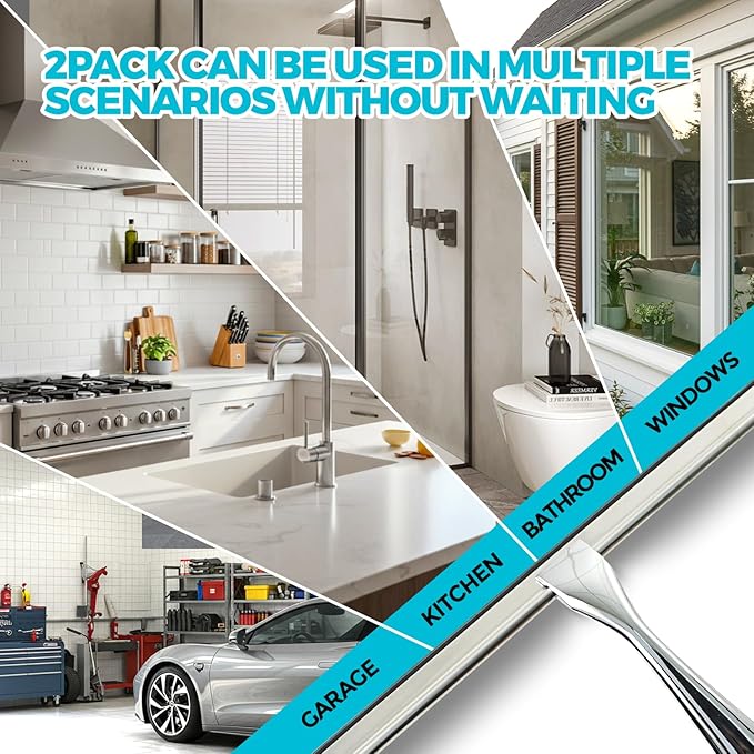 ALFLOD 2pcs Shower Squeegee for Glass Doors with Adhesive Hanging Hook Set | 9.9” silver, bathroom accessories, window cleaner, new home essentials, soft rubber blade, metal handle, ergonomic grip