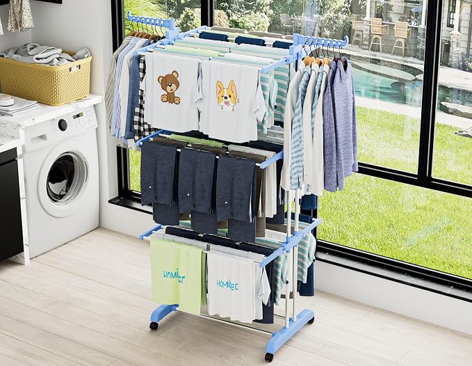 HOMIDEC Clothes Drying Rack, 4-Tier(67.7" H) Foldable Drying Rack Clothing | Foldable Stainless Steel Drying Rack, Movable Laundry Drying Rack with 4 Castors and 14 Hooks for Bed Linen, Clothing, Blue