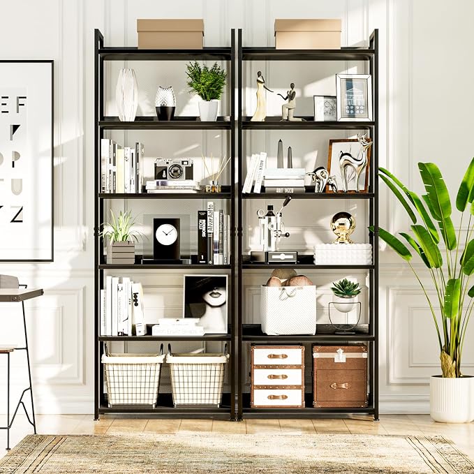 NUMENN Bookshelf, 6 Tier Freestanding Shelving Unit, Black | Metal Frame & Wood Shelves, Falling Prevention Baffle, Open Storage Bookcase for Bedroom, Living Room & Home Office