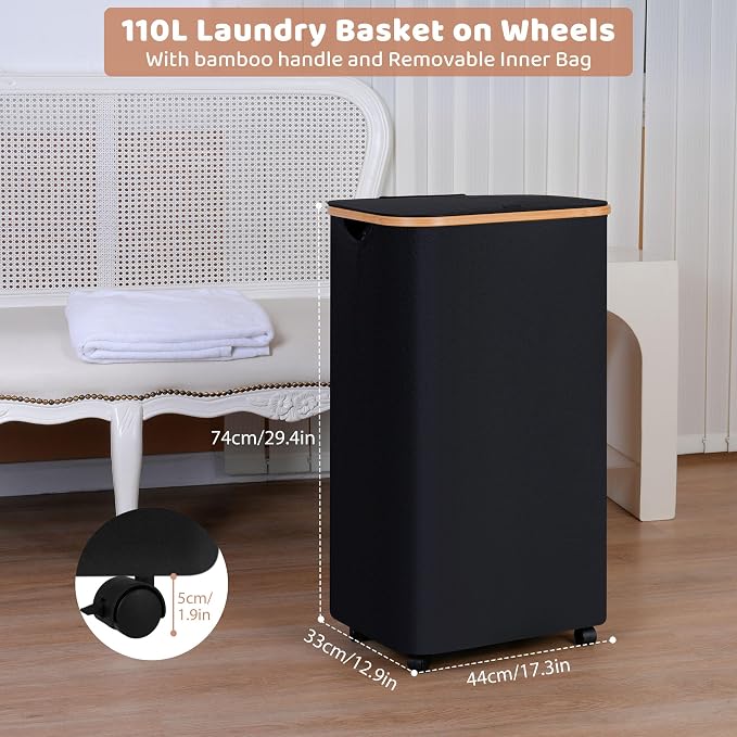 IEGrow Laundry Basket with Wheels 110L Clothes Hamper for Laundry,Black | Laundry Hamper with Lid and Bamboo Frame, for Laundry Room, Bedroom, Dormitory Storage