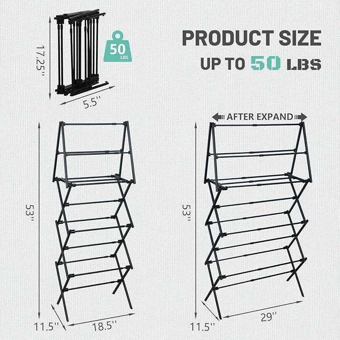 ZOES HOMEWARE 4 Tier Clothes Drying Rack Foldable | Foldable Clothing Drying Rack | Laundry Drying Rack Collapsible for Laundry Room, Dorm, Expandable Sturdy Metal Design | Black 29"L x 11.5"W x 53"H