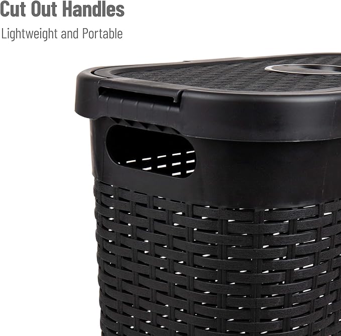 Mind Reader Slim Laundry Hamper with Lid, 40L Clothes Basket, Narrow Tapered Design with Ventilated Cutout Pattern, Plastic, Set of 2, Black
