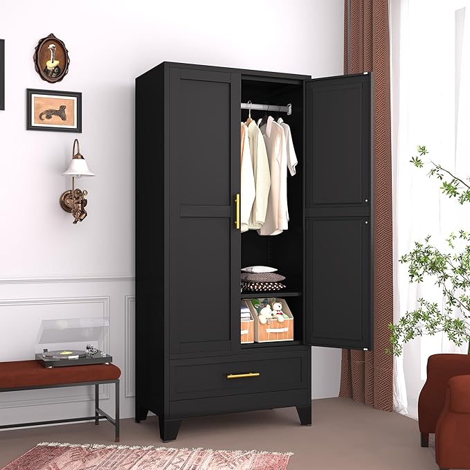 GAIOUS Metal Armoire Wardrobe Closet Cabinet with 2 Doors and Drawer, 71" | Household Wardrobe Cabinet with Hanging Rod, Clothing Storage Cabinet with Adjustable Shelf for Bedroom Cloak Room Gym Black