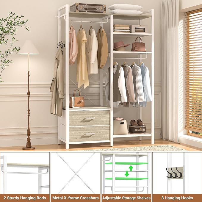 78.7'' Clothes Rack for Hanging Clothes - Reversible Clothing Rack with 2 Drawers, Heavy Duty Garment Racks with Shelves, 6 Tiers Freestanding Closet Wardrobe System with Hanging Hooks, White Oak