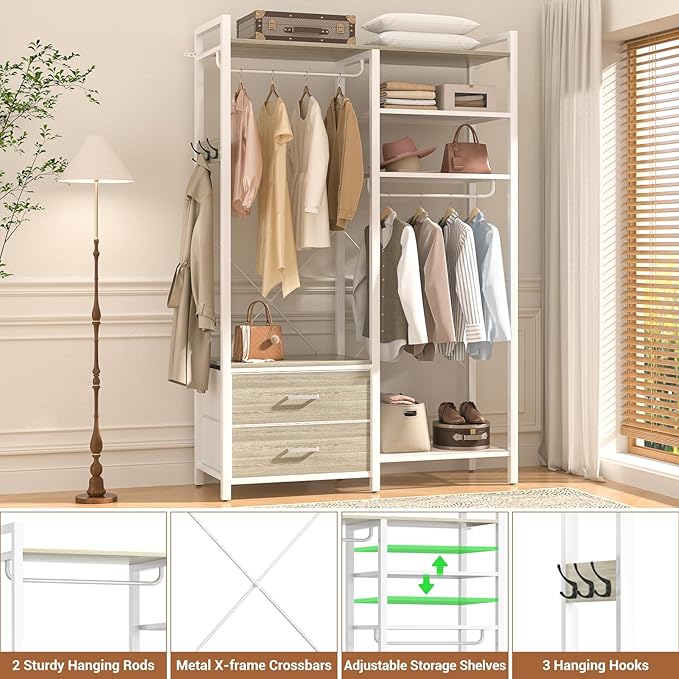 78.7'' Clothes Rack for Hanging Clothes - Reversible Clothing Rack with 4 Drawers, Heavy Duty Garment Racks with Shelves, 6 Tiers Freestanding Portable Closet Wardrobe System, Set of 2 White Oak