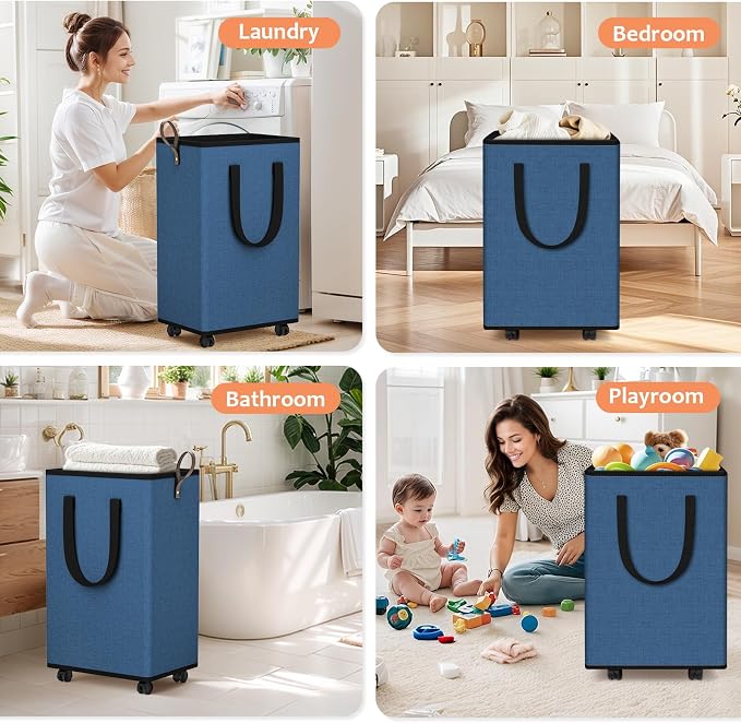 SpaceTrove Rolling Laundry Basket with Wheels, Laundry Hamper, 80L, Navy | Collapsible, 4 detachable wheels including 2 with brakes, sturdy handle, metal frame, for dorms, bathrooms and bedrooms