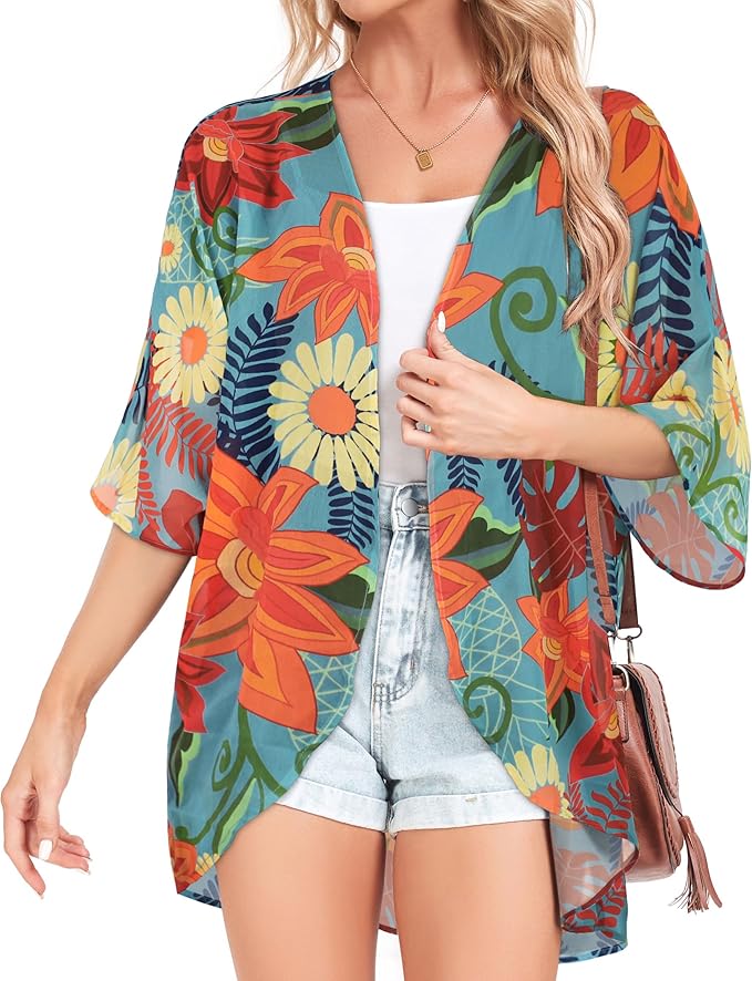 Women Kimono Cardigans Summer Cover Up Hawaiian Shirts Floral Print Tops | ROSEMIA chiffon kimono open front cardigans, beach cover ups, daily casual tops, cruise outfits, summer resort wear
