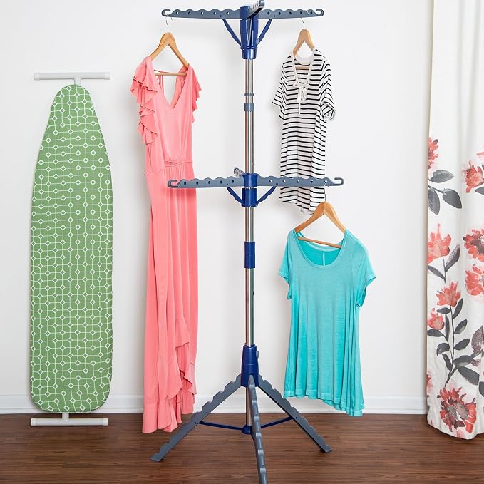 Honey-Can-Do 2-Tier Tripod Clothes Drying Rack, 73", Chrome Steel | 73" tall 2-tier tripod holds 30 garments and long dresses off the floor. Chrome steel resists rust; folds compact.