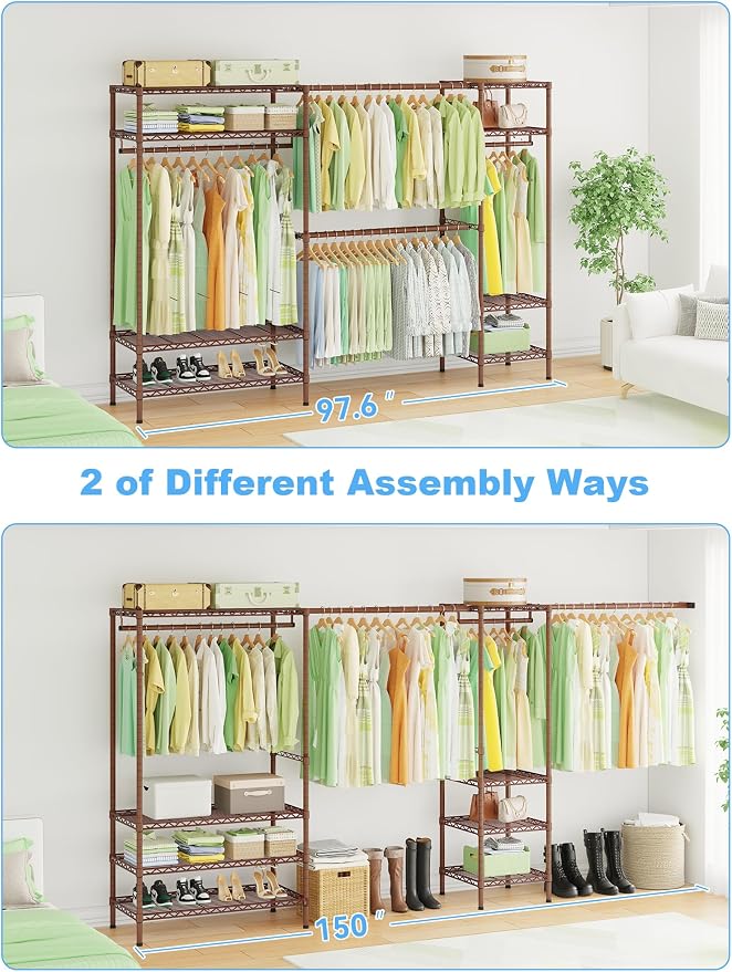 Ulif E11 Heavy-Duty Garment Rack, Metal Freestanding Clothes Rack and Closet Storage Organizer System with 8 Shelves and 4 Hanger Rods, (73.2-97.6)" W x 14.5" D x 71.2" H, Load 1034 LBS, Bronze