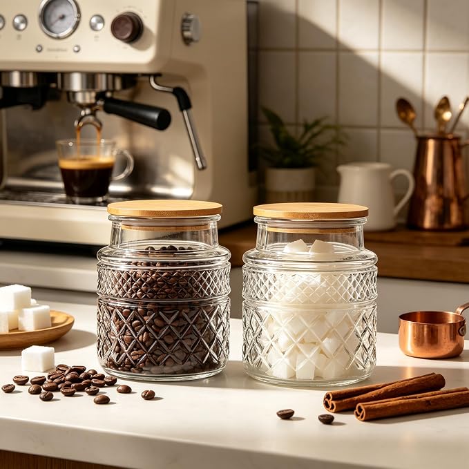 Prettidecor Glass Storage Jars, 38 FL OZ Airtight Canisters with Bamboo Lid, Decorative Kitchen Containers for Cereal, Nuts, Snacks, Candy, Cookies, Coffee, Tea