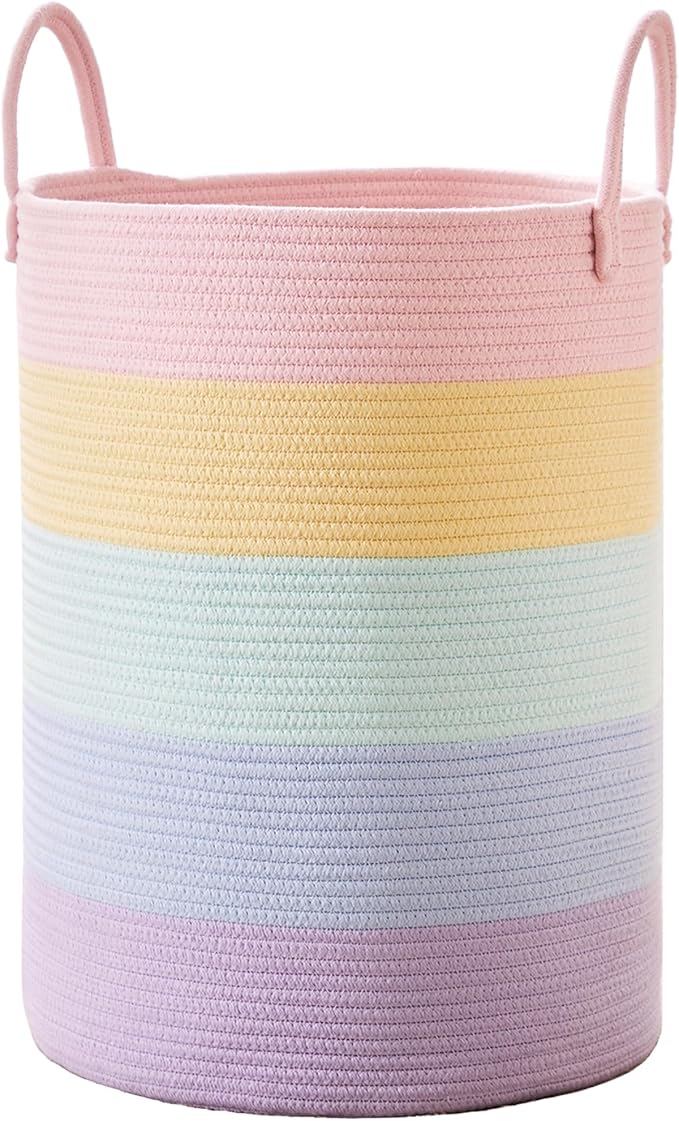 80L Large Rainbow Hamper Tall Woven Laundry Basket for Girls Kids | Clothes Hamper for Baby Nursery Toy in Playroom Blanket Basket for Living Room Bedroom 16"D x 22"H Pastel Unicorn