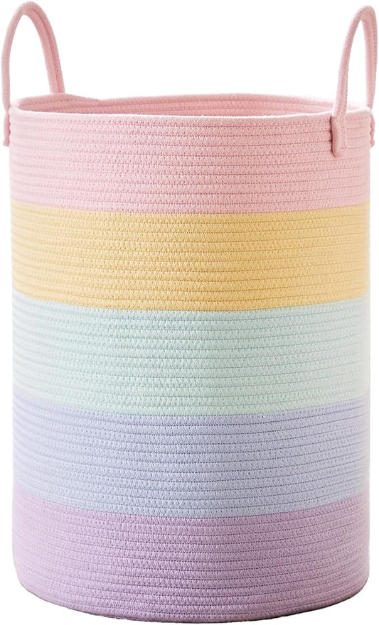 80L Large Rainbow Hamper Tall Woven Laundry Basket for Girls Kids | Clothes Hamper for Baby Nursery Toy in Playroom Blanket Basket for Living Room Bedroom 16"D x 22"H Pastel Unicorn