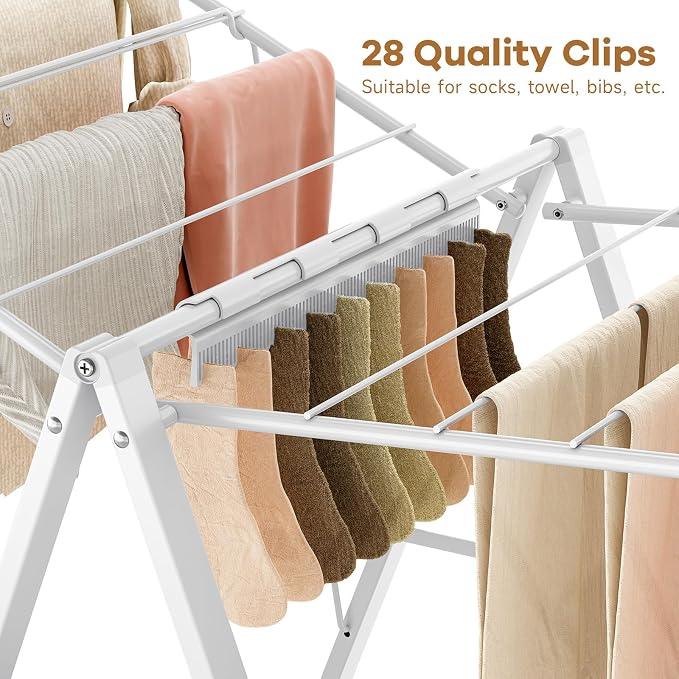 APEXCHASER 6 Height Adjustable Clothes Drying Rack with Shoe Slots, White | Pre-Assembled, Stable Load Structure, 22 Drying Rails, Foldable Space-Saving For Efficient Indoor & Outdoor Airflow Drying
